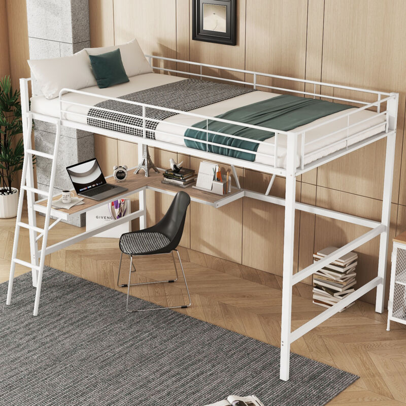 foto del prodotto modfu letto a soppalco 90x200cm, letto in metallo con scrivania a l e scaffale, senza materasso, mobili da camera, bianco