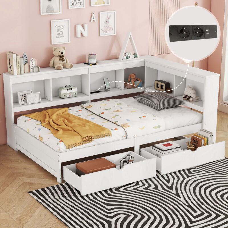 foto del prodotto modfu - letto singolo 90x200cm con 2 cassetti, divano letto per bambini, ripiano portaoggetti sul comodino con led, con presa e 2 usb, pannello di