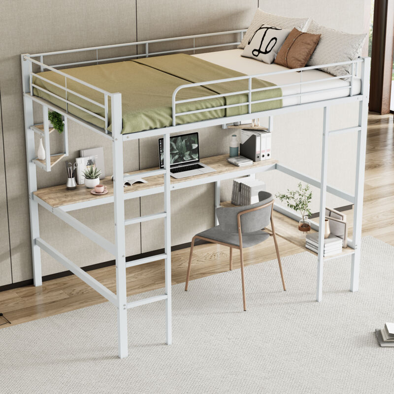 foto del prodotto modfu letto soppalco per adulti 140x200 cm con 4 scaffali di stoccaggio e 1 scrivania, metallo, bianco