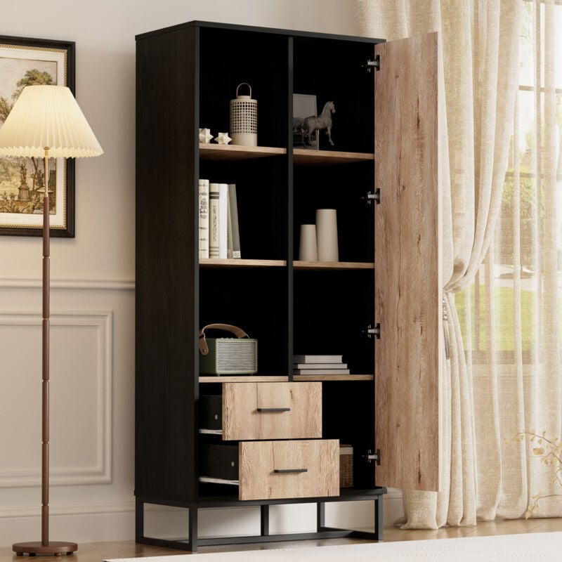 foto del prodotto modfu libreria 80x40x180cm mensole vetrinette con 2 cassetti 1 anta, mobile alto, mobile contenitore, mdf e truciolato, nero e naturale