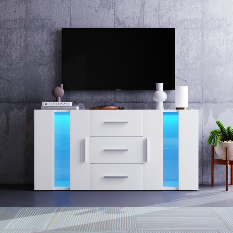 foto del prodotto modfu mobile tv 140x35x70cm credenza con 3 cassetti, mobile alto, mobile con 2 ante e led, pannello truciolare, bianco