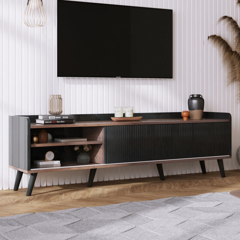 foto del prodotto modfu mobile tv 160x40x58cm con 2 cassetti e 2 ante scorrevoli, adatto per tv 50 , pannello truciolare, nero marrone