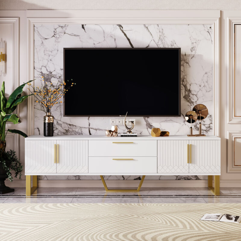 foto del prodotto modfu mobile tv 170cm 2 cassetti 4 ante carico 40kg mdf colore texture intagliata bianca maniglie e gambe dorate