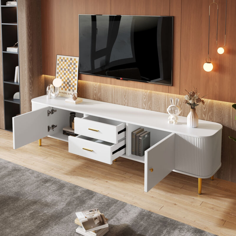 foto del prodotto modfu mobile tv 170x34x45cm con 2 cassetti 2 ante, angoli arrotondati, maniglie e gambe dorate, mdf, bianco