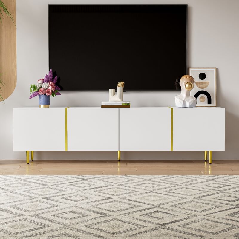 foto del prodotto modfu mobile tv 170x35x46cm con 4 ante, adatto per tv da 50 pollici, decorazione oro, senza maniglie, adatto per soggiorno, mdf, bianco