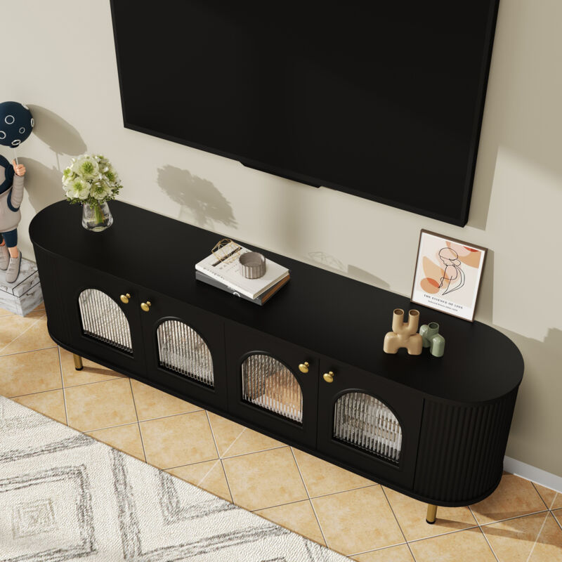 foto del prodotto modfu mobile tv 170x35x55cm con 4 ante, maniglie e gambe dorate, adatto per tv da 60 pollici, mdf e vetro, nero