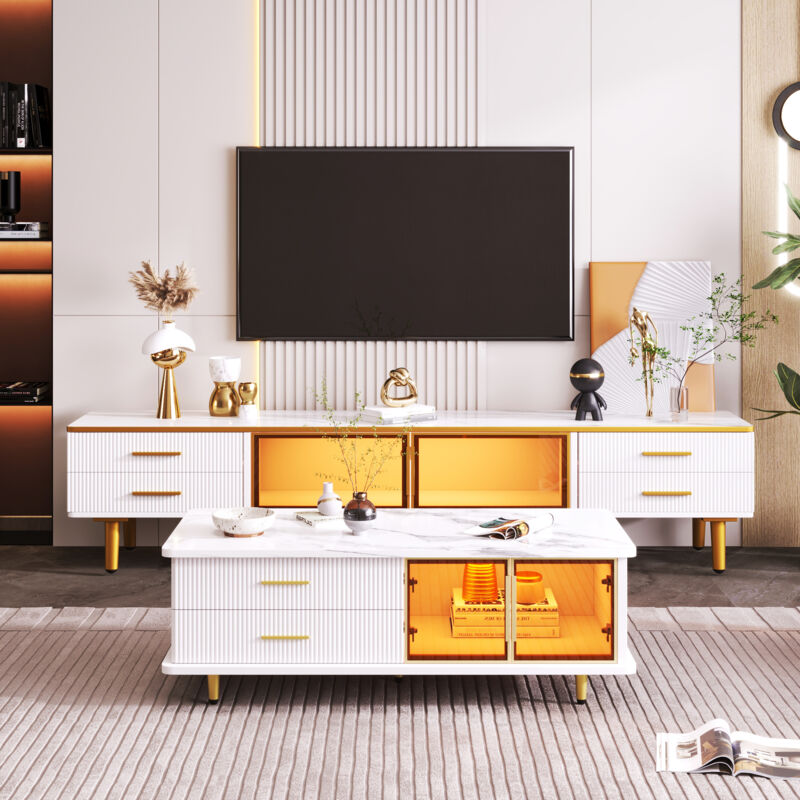 foto del prodotto modfu mobile tv 170x37x47,5cm con 4 cassetti e 2 ante in vetro temperato, maniglie e gambe dorate, led, pannello truciolare, bianco