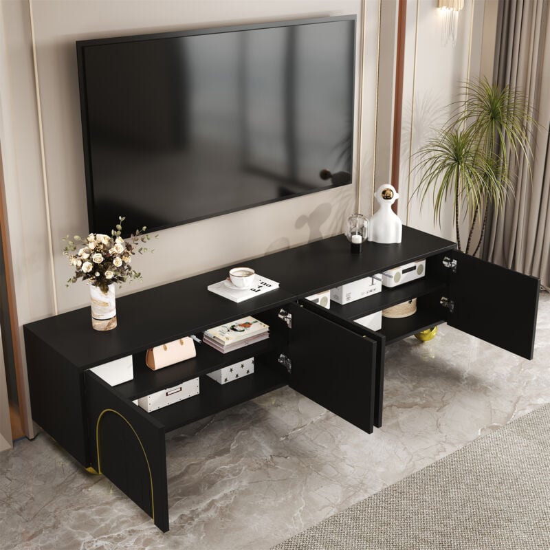 foto del prodotto modfu - mobile tv 170x38x44cm con 4 ante, decoro oro, portata 95kg, pannello truciolare, nero oro