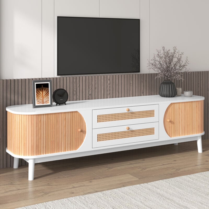foto del prodotto modfu mobile tv 170x39,5x46cm con 2 cassetti e 2 ante in rattan, angoli arrotondati, pannello truciolare, bianco naturale