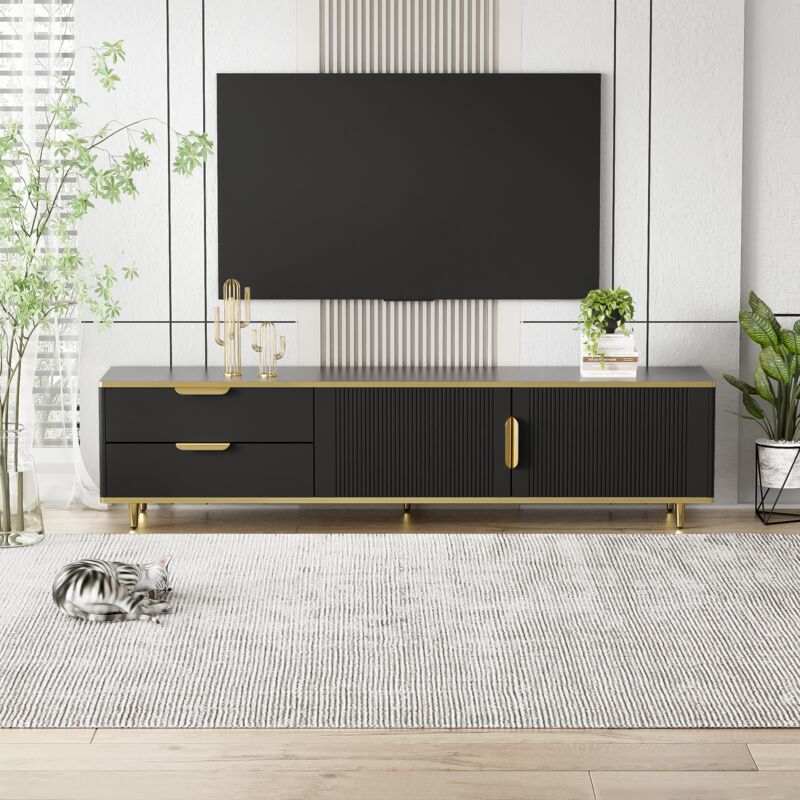 foto del prodotto modfu mobile tv 175cm 2 cassetti 2 ante carico 50kg truciolare colore texture intagliata nera maniglie e gambe dorate
