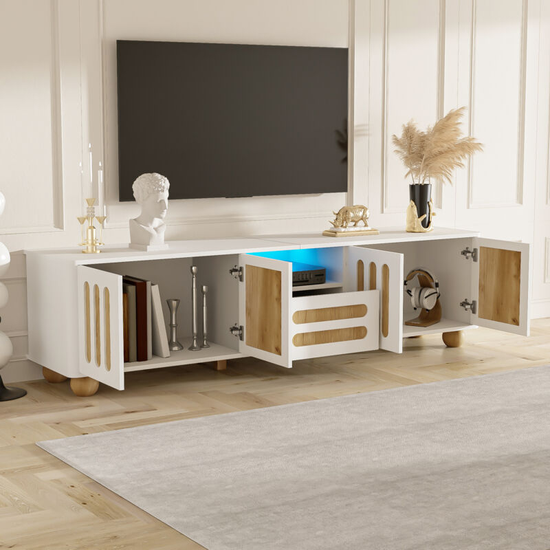 foto del prodotto modfu mobile tv 180x40x47cm, mobile multifunzionale con angoli arrotondati, con 4 ante e 1 cassetto, led, gambe sferiche, mdf e truciolare, bianco