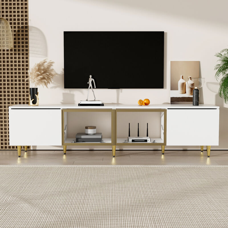 foto del prodotto modfu mobile tv bianco 170cm con 4 ante di cui 2 in vetro , mobile basso, vetrina, gambe dorate, mdf e truciolato