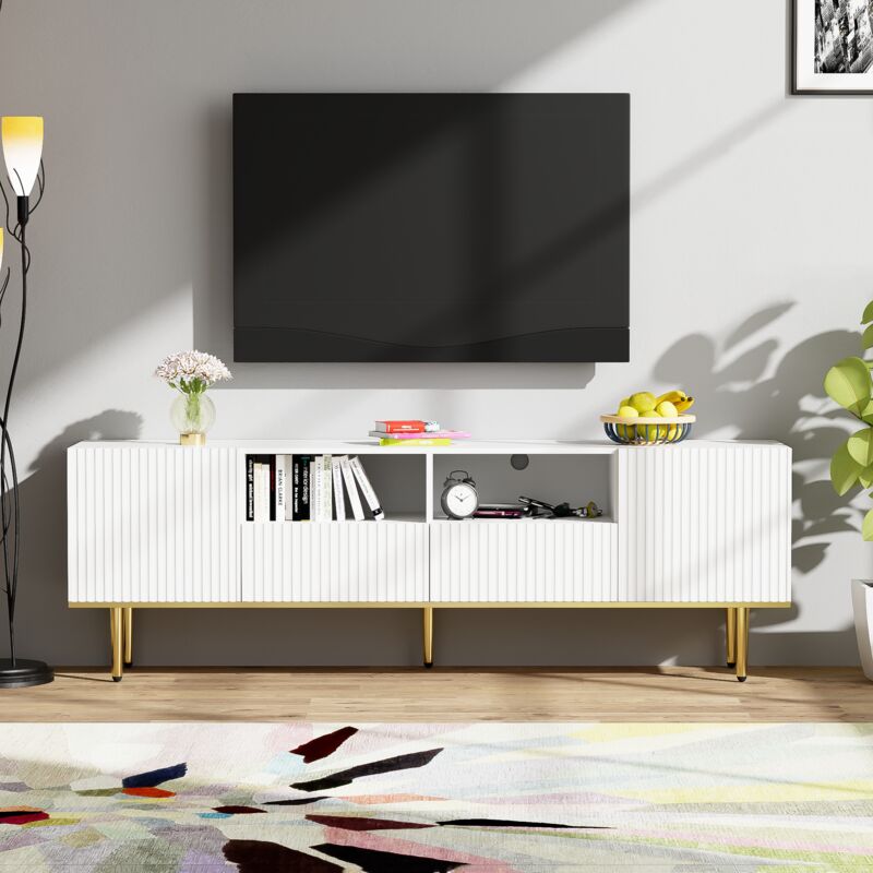 foto del prodotto modfu mobile tv con 2 cassetti e 2 ante, 165x36x55cm, gambe dorate, adatto per tv da 69 pollici, capacit di carico 50kg, bianco