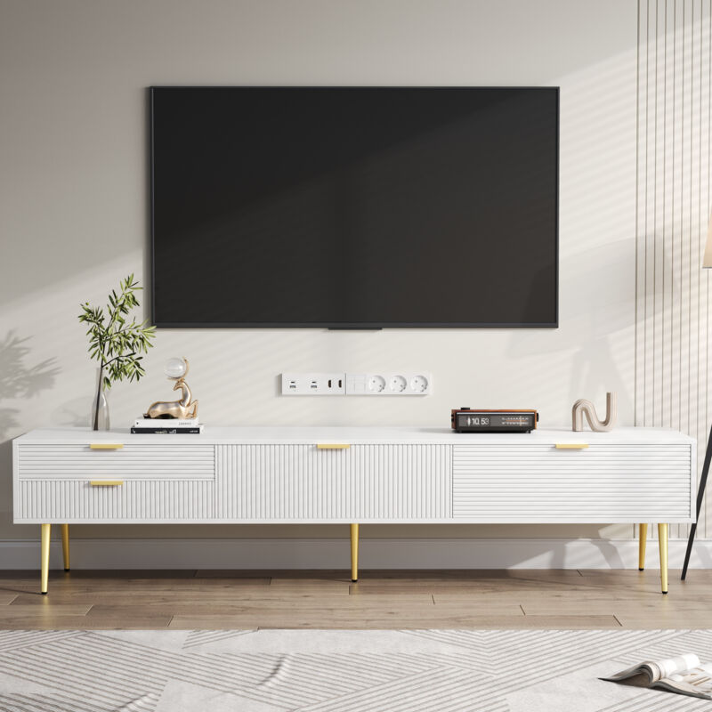 foto del prodotto modfu mobile tv con 2 cassetti e 2 ante, mobile basso 175x35x40cm, maniglie e gambe dorate, moderno, mdf, bianco