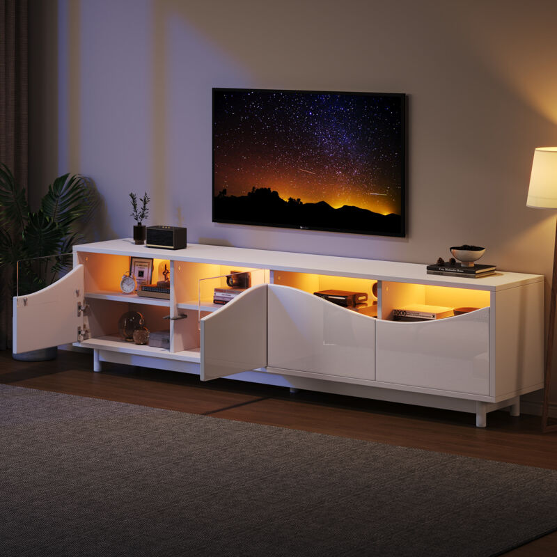 foto del prodotto modfu mobile tv led 175x38x51cm con 4 ante, adatto per tv da 70 pollici, ante con vetro, camera da letto soggiorno, mdf, bianco lucido