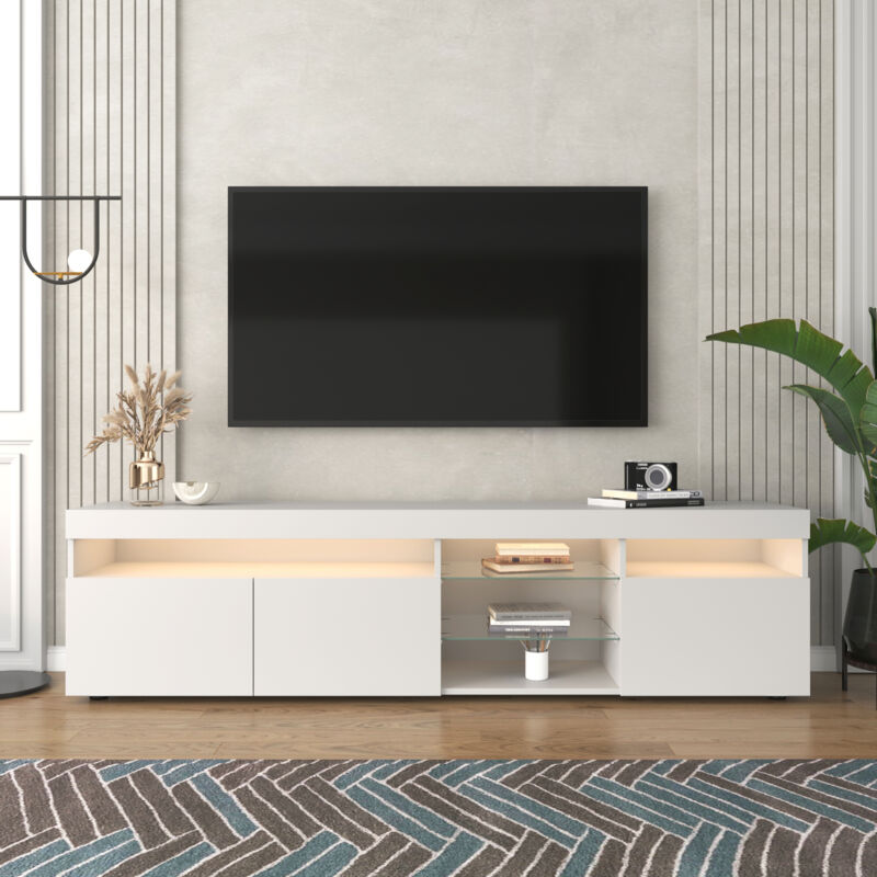foto del prodotto modfu mobile tv led, 180x35x45cm con 3 ante e 2 ripiani, portata 30kg, mdf,bianco