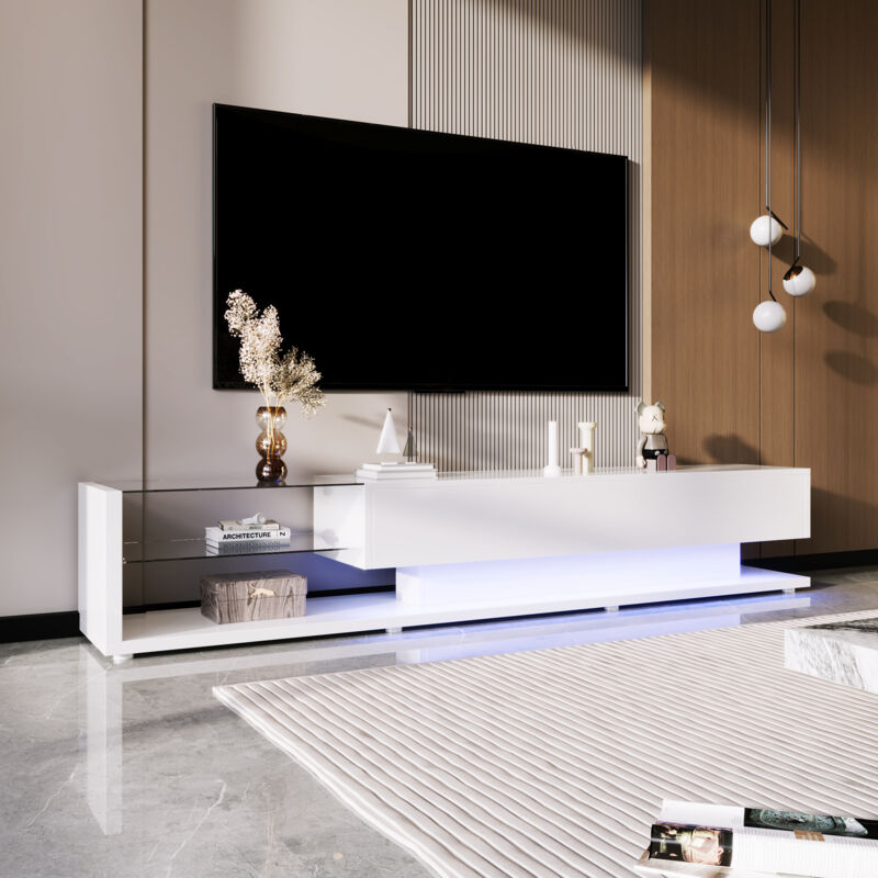 foto del prodotto modfu mobile tv moderno 170x36x38cm con 2 cassetti e ripiani in vetro, con led, pannello truciolare, bianco