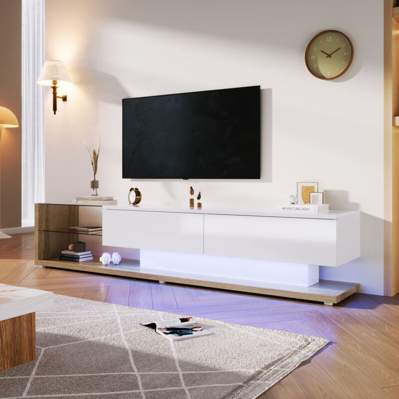 foto del prodotto modfu mobile tv moderno 170x36x38cm con 2 cassetti e ripiani in vetro, con led, pannello truciolare, naturale