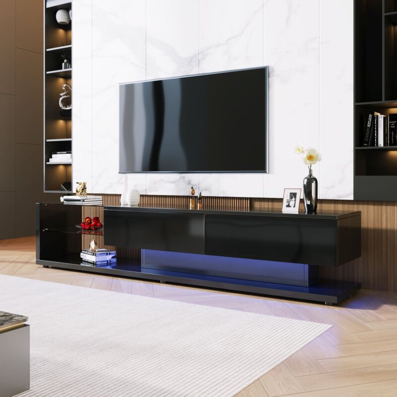 foto del prodotto modfu mobile tv moderno 170x36x38cm con 2 cassetti e ripiani in vetro, con led, pannello truciolare, nero