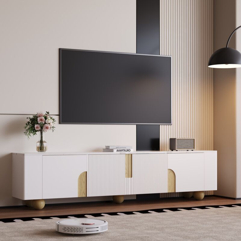 foto del prodotto modfu mobile tv moderno 180x40x44cm, decorazione colore naturale, 4 ante, massa di marmo, gambe in legno, mdf, bianco