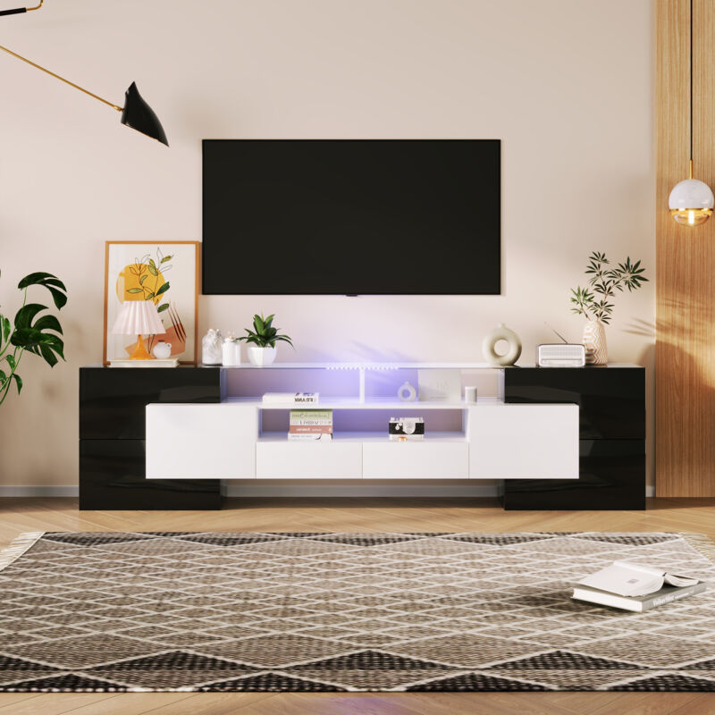 foto del prodotto modfu mobili tv 100x30x60cm con 2 cassetti e 6 ante, con vani portaoggetti aperti e led, con ripiani in vetro, pannello truciolare, bianco e nero