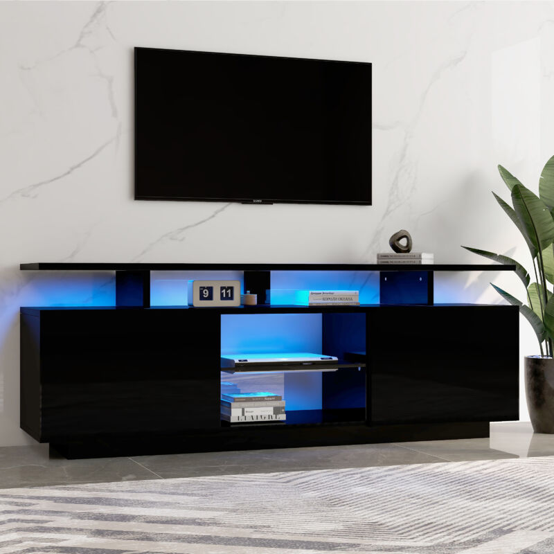 foto del prodotto modfu mobili tv 140x35x55 cm con 2 ante e 1 ripiano in vetro, con vani portaoggetti aperti e led a 16 colori, truciolare, nero