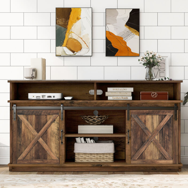 foto del prodotto modfu mobili tv grande 148x40x78cm mobile contenitore con 2 ante scorrevoli e ripiano contenitore aperto con 1 foro posteriore, pannello di