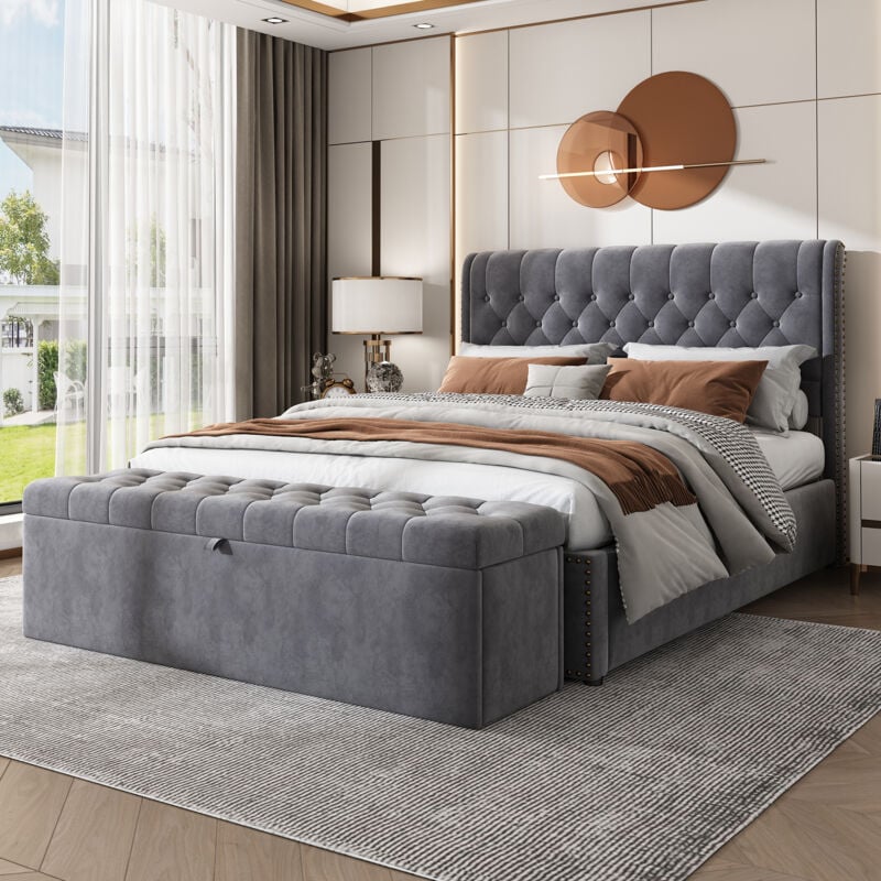 foto del prodotto modfu panca ai piedi del letto 138x41x42cm, panca contenitore, panca divano, velluto, grigio