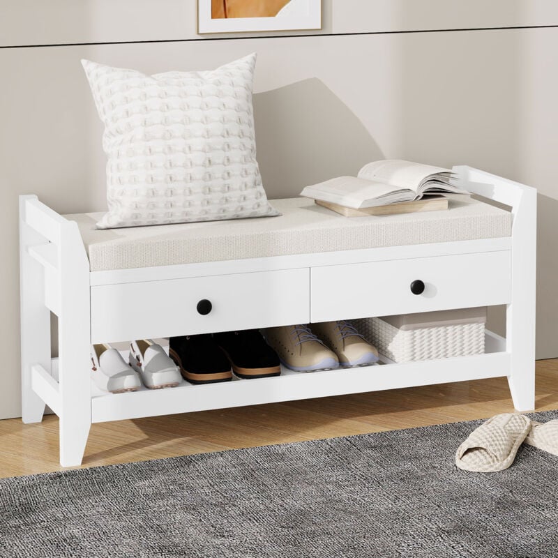 foto del prodotto modfu panche 101x35x50cm panca porta scarpe con 2 cassetti, adatta per ingresso soggiorno camera da letto, mdf, bianco