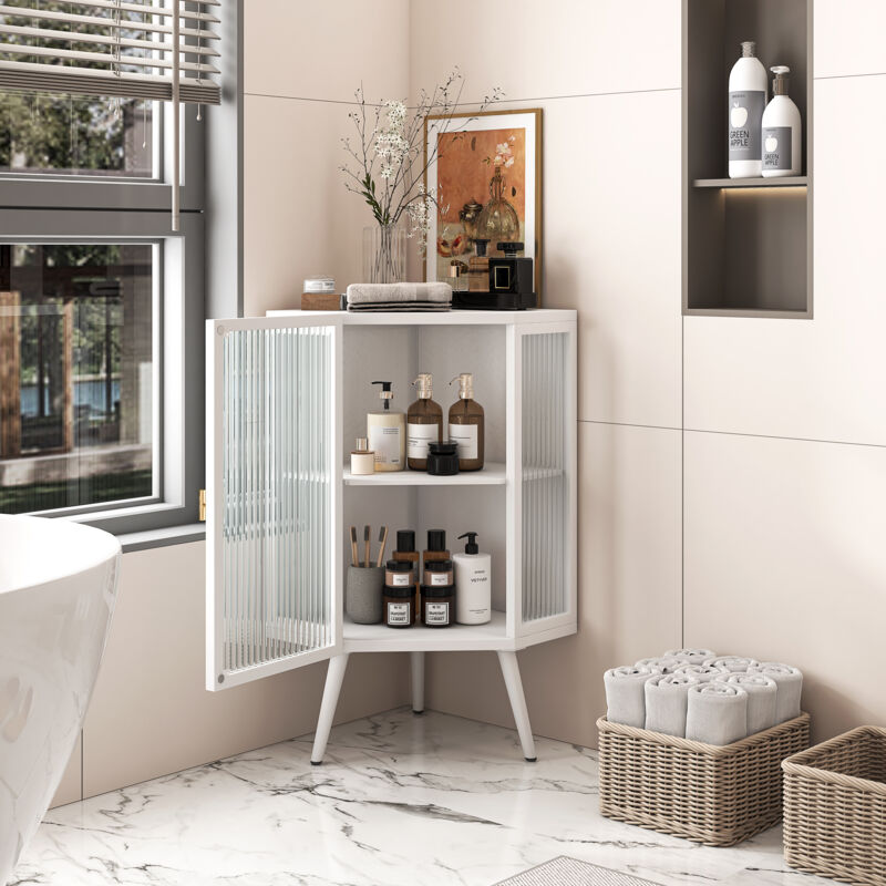 foto del prodotto modfu scaffale d angolo 56.5 42.5 80 cm con 1 porta in vetro e scaffali regolabili, bianco