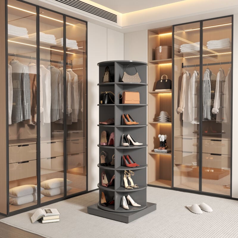 foto del prodotto modfu scarpiera ingresso 60,96x60,96x165cm, rotazione a 360 , 7 ripiani, pu contenere 28 paia di scarpe, mdf e pannello truciolare, grigio