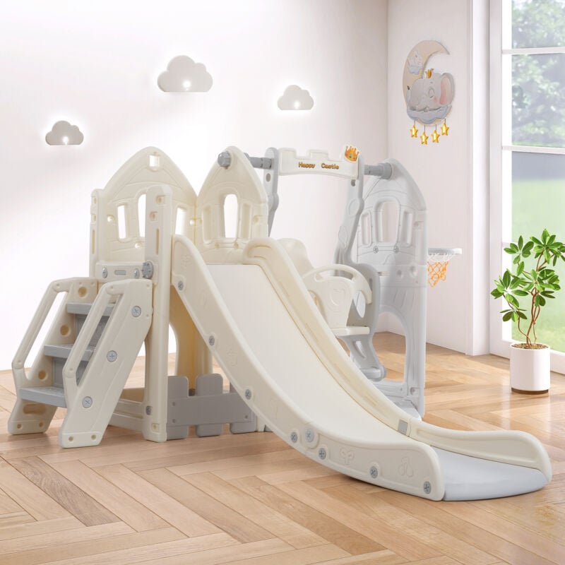 foto del prodotto modfu scivolo da giardino per bambini 5 in 1 con altalena e supporto per basket, adatto per interni esterni, hdpe, grigio