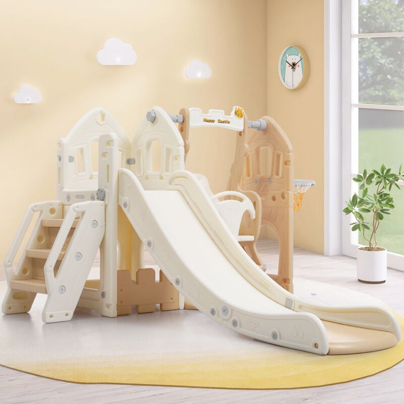 foto del prodotto modfu scivolo da giardino per bambini 5 in 1 con altalena e supporto per basket, adatto per interni esterni, hdpe, marrone