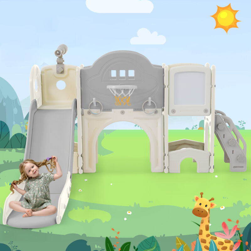 foto del prodotto modfu scivolo per bambini 10 in 1, scivolo da giardino con canestro da basket e telescopio, scalabile, adatto per interni esterni, hdpe, grigio