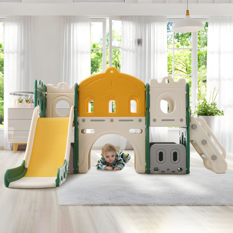 foto del prodotto modfu scivolo per bambini 6 in 1 con supporto per basket, pu arrampicarsi, forare, adatto per interni esterni, scivolo da giardino, hdpe, senza