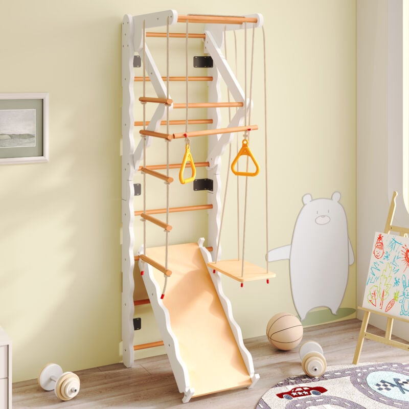 foto del prodotto modfu scivolo per bambini 6 in 1, struttura per arrampicata con altalena, multifunzionale, adatto per uso interno, legno, colore naturale