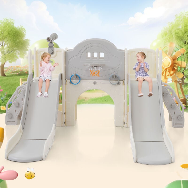 foto del prodotto modfu scivolo per bambini 8 in 1, 2 scivoli, arrampicabile, forabile, con supporto per basket, adatto per interni esterni, scivolo da giardino,