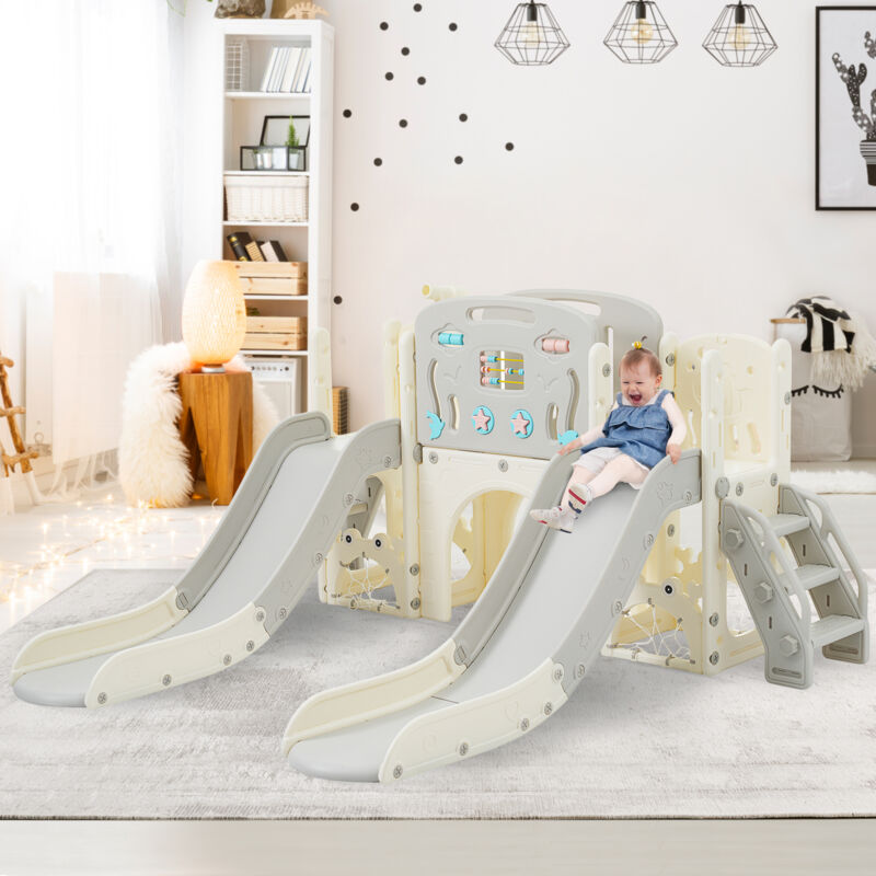 foto del prodotto modfu scivolo per bambini 8 in 1 con supporto per basket, tunnel ad arco e telescopio, struttura per arrampicata, scivolo doppio, hdpe, grigio