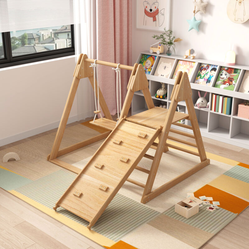 foto del prodotto modfu scivolo per bambini con altalena 3 in 1, arrampicata, interno, legno, 124x174x110cm, colore naturale