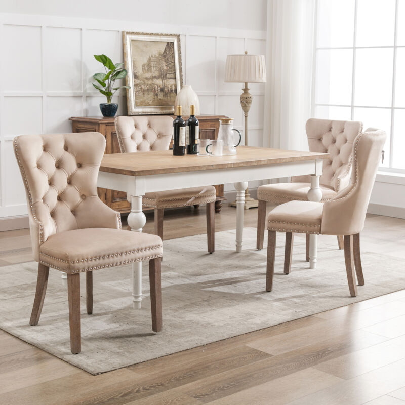 foto del prodotto modfu sedie da pranzo con battente, sedia da cucina, rifiniture con borchie, velluto, gambe in legno 4 pezzi, beige