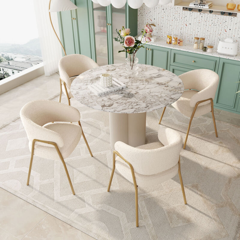 foto del prodotto modfu sedie da pranzo, schienale curvo, gambe dorate, lana d agnello, bianco 4 pz.