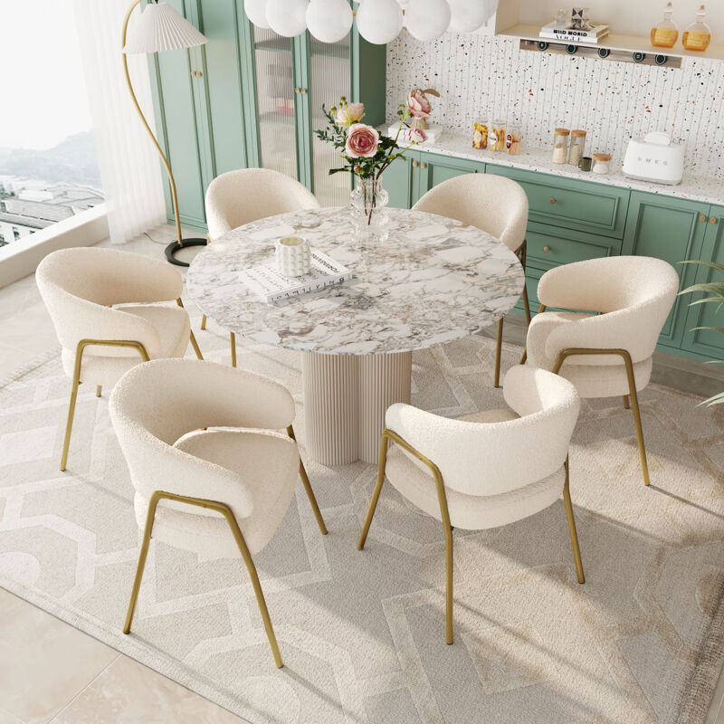 foto del prodotto modfu sedie da pranzo, schienale curvo, gambe dorate, lana d agnello, bianco 6 pz.