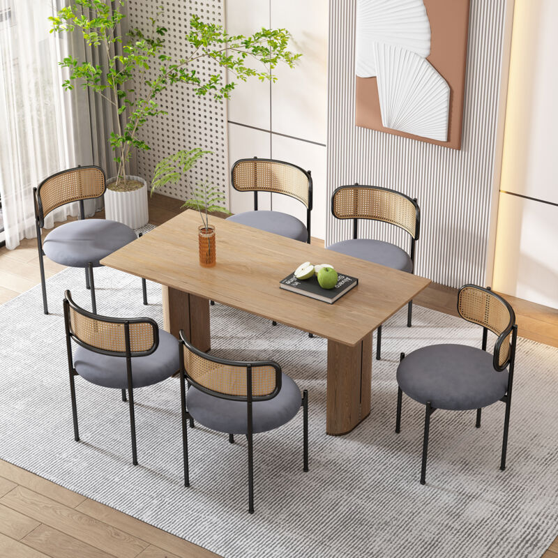 foto del prodotto modfu sedie da pranzo, schienale in rattan, gambe in metallo, poltrona, velluto grigio, 6 pz.