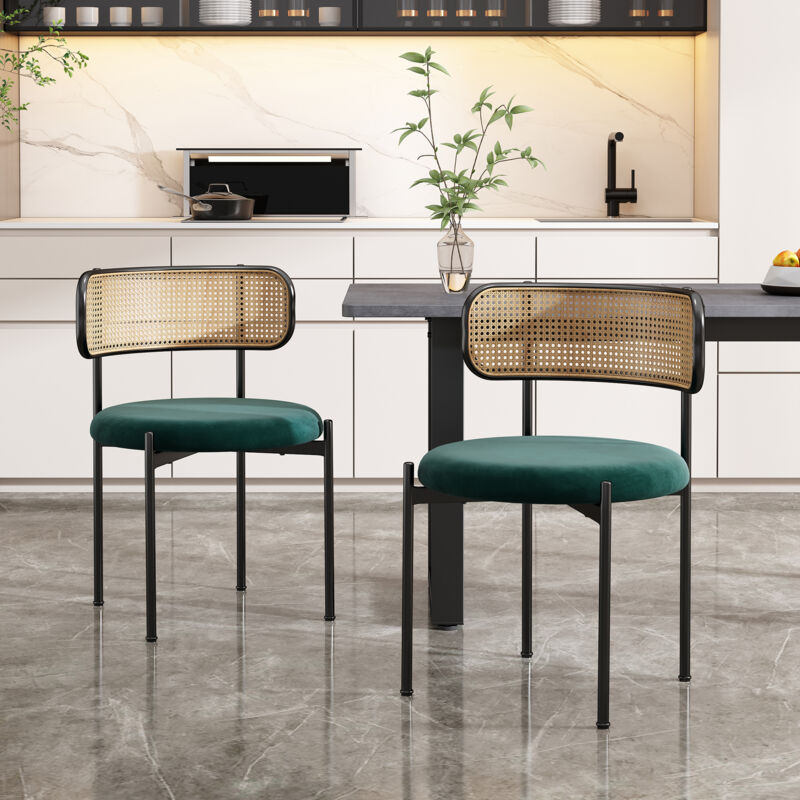 foto del prodotto modfu sedie da pranzo, schienale in rattan, gambe in metallo, poltrona, velluto verde, 2 pz.