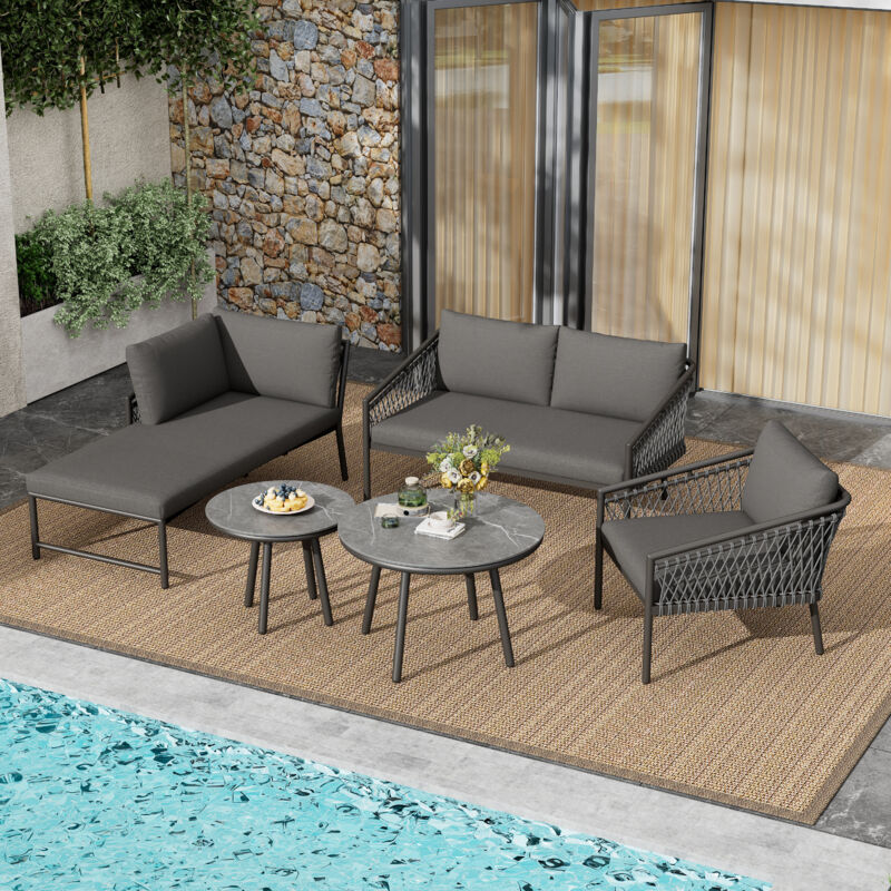 foto del prodotto modfu set di divani da giardino a 5 posti, 1 divano 2 posti 1 chaise longue 1 poltrona tavolini bassi a incastro, con cuscini, ferro, grigio