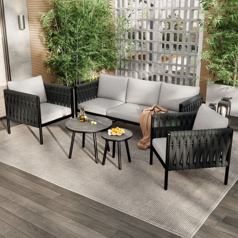 foto del prodotto modfu set di divani da giardino a 5 posti, divano dritto 2 poltrone tavolini bassi a incastro, rattan metallo vetro, grigio