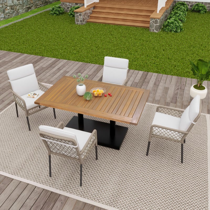 foto del prodotto modfu set tavolo e sedie, 1 tavolo da pranzo 120x70x75 cm 4 poltrone, mobili da giardino, legno metallo, bianco