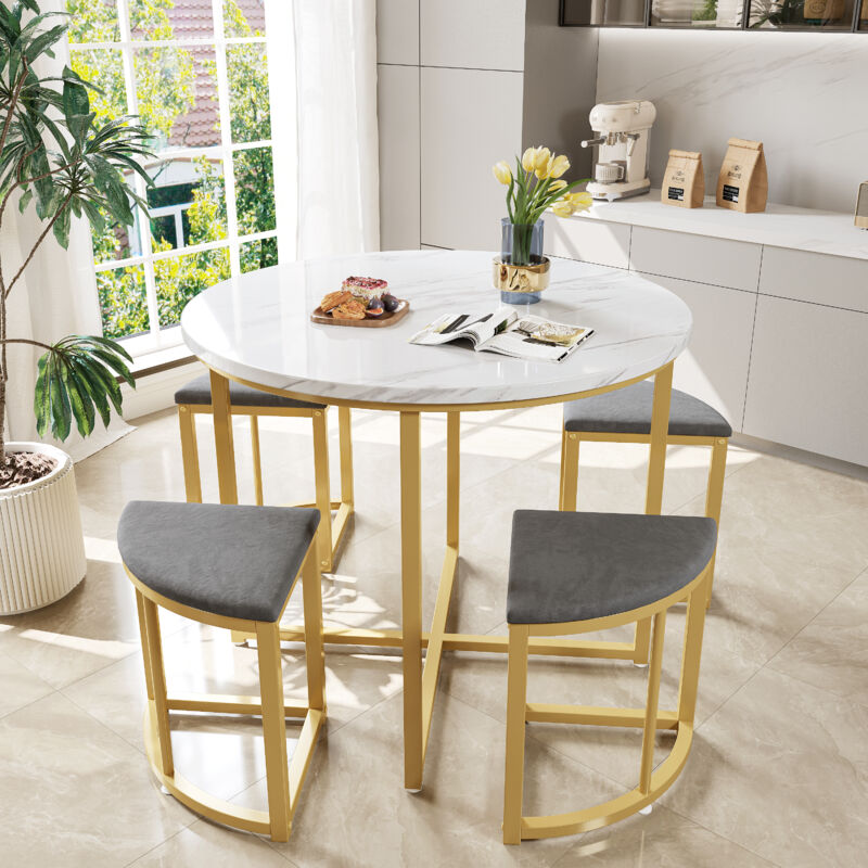 foto del prodotto modfu set tavolo e sedie 5pz tavolo da pranzo rotondo, piano in mdf e struttura dorata, moderno, velluto, bianco 4 sedie grigie