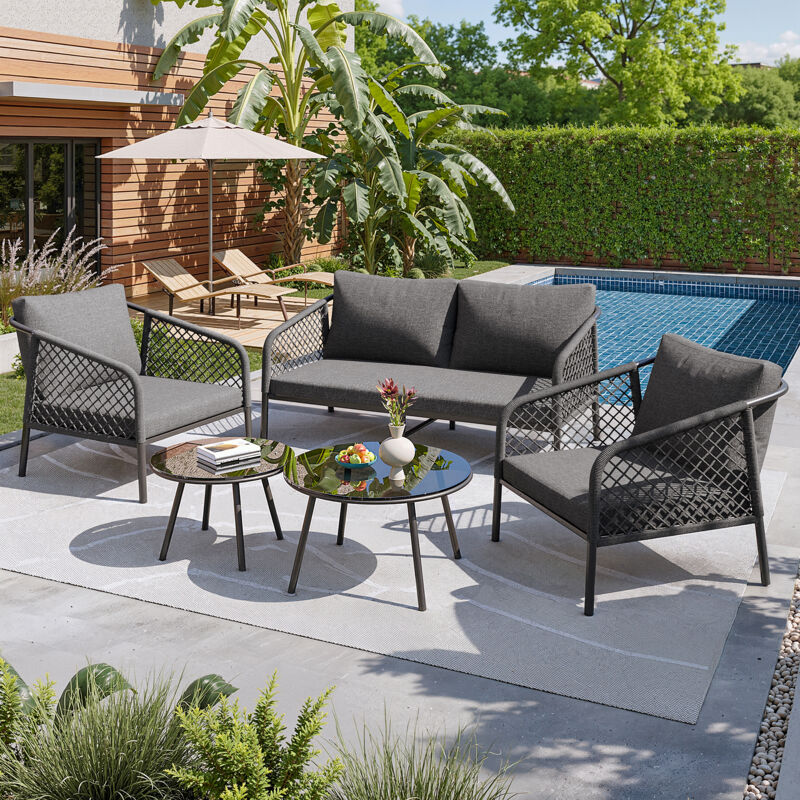 foto del prodotto modfu set tavolo e sedie da giardino 1 divano 2 poltrone 4 posti, tutti i cuscini inclusi, adatto per giardino balcone, metallo, grigio, 2