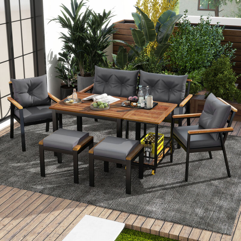 foto del prodotto modfu set tavolo e sedie da giardino, 1 tavolo 84x50x75cm 2 poltrone 2 sgabelli 1 divano 2 posti 1 carrello da pranzo con cuscini,